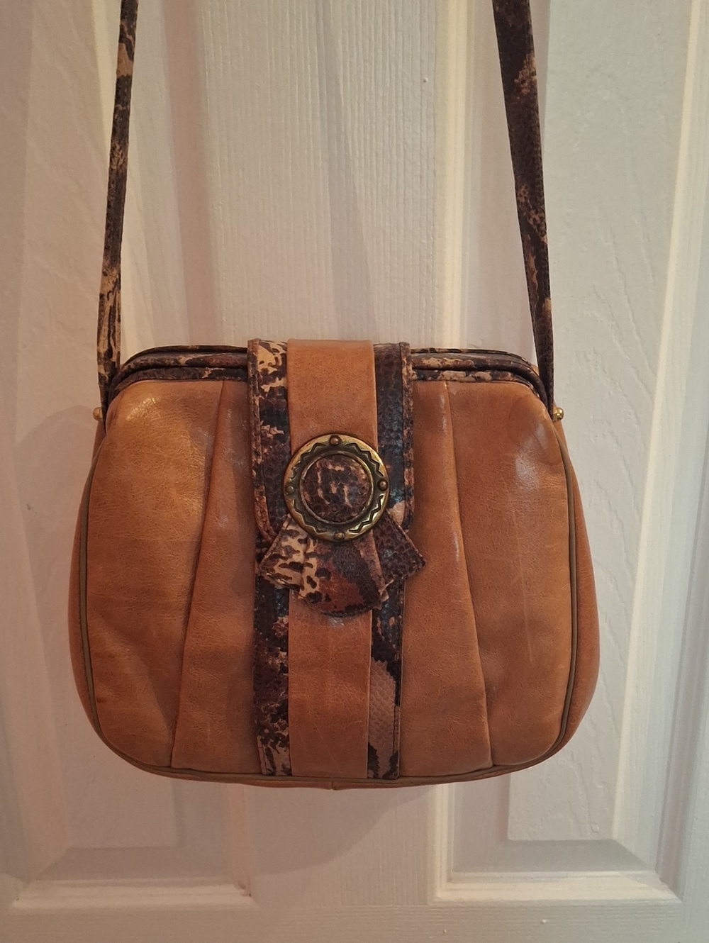 Sharif Tan Shoulder Bag with Snake-Print Trim and Medallion